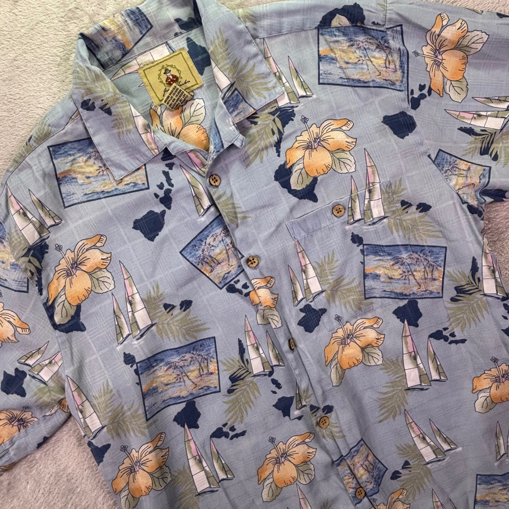 Joe Marlin Mens Shirt XL Blue Tropical Sailboat Hibiscus Hawaiian Button Down
